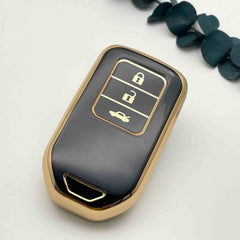 Honda Civic TPU Key Fob / Key Cover - 3 Buttons - Black And Gold For 2016 2017 2018 2019 2020 2021