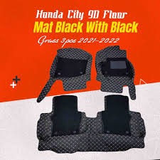Honda City 9D Black Horizontal Lining Floor Mats with Black Grass For 2021 2022